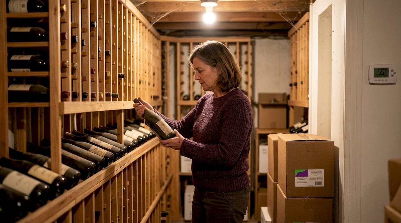 Woman checking wine bottle in basement storage