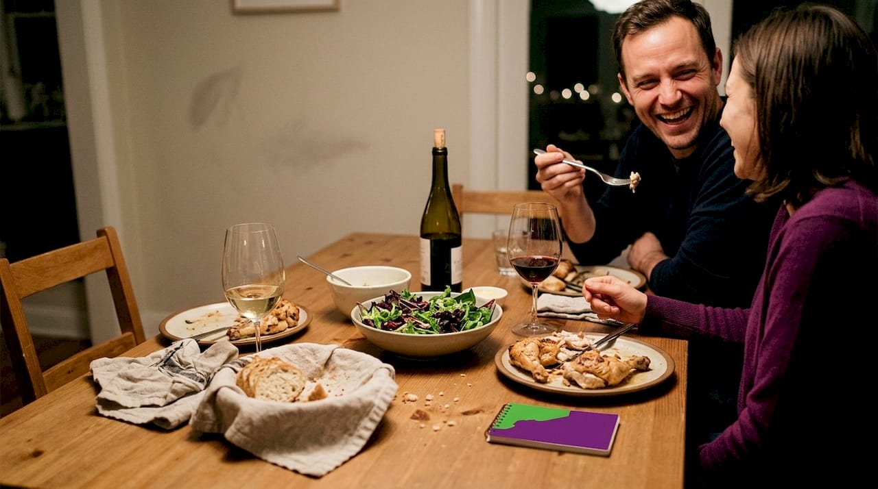 Couple enjoying wine with dinner at home