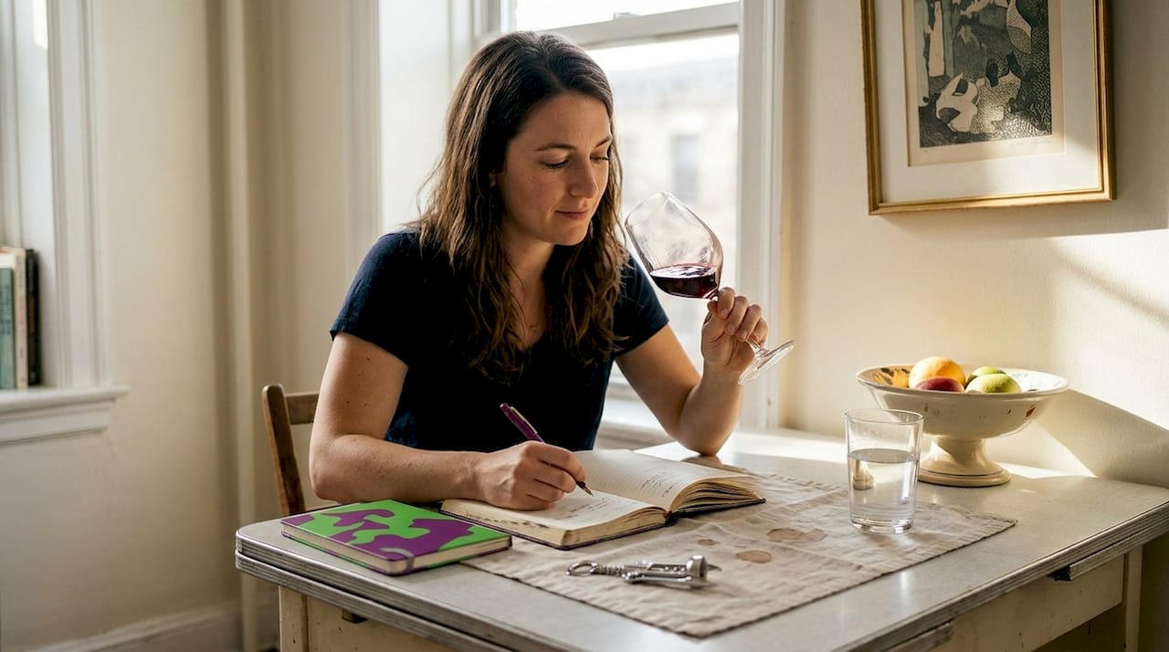 Woman tasting wine at kitchen table