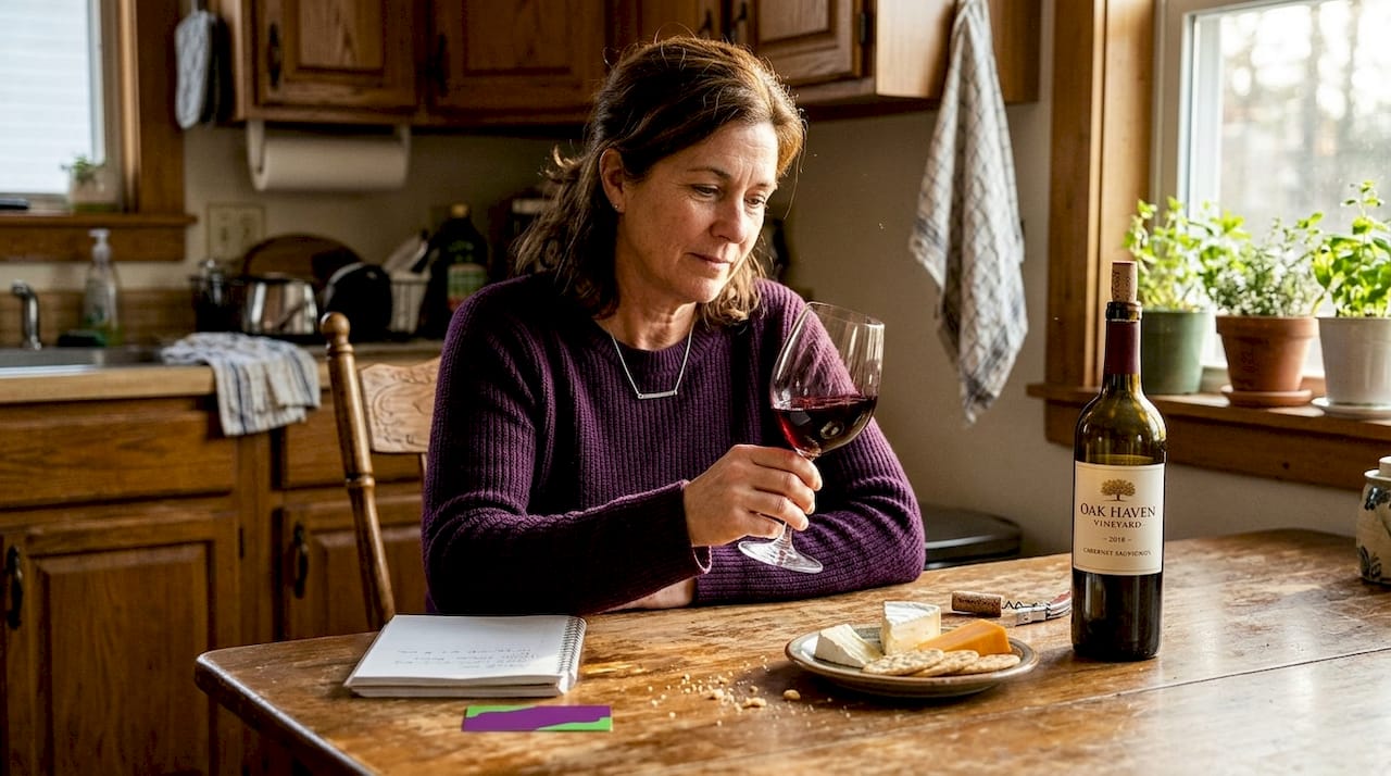Woman observing wine legs at kitchen table