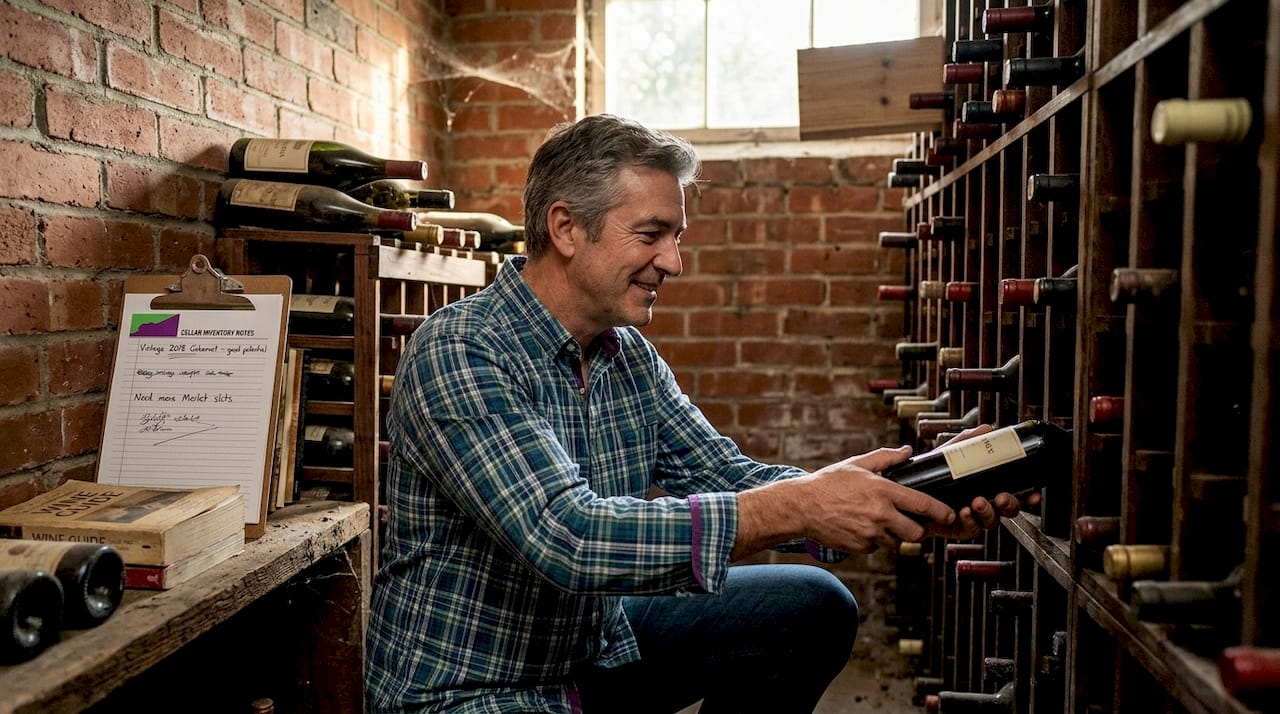 Man storing wine bottles in basement cellar