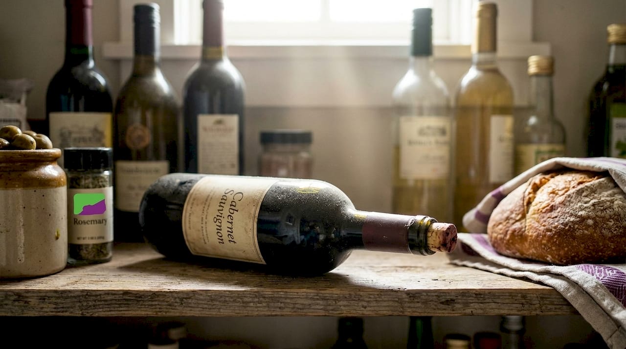 Wine bottle aging in home pantry detail