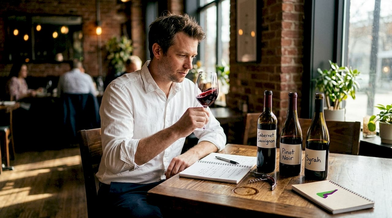 Sommelier tasting wine blends at table