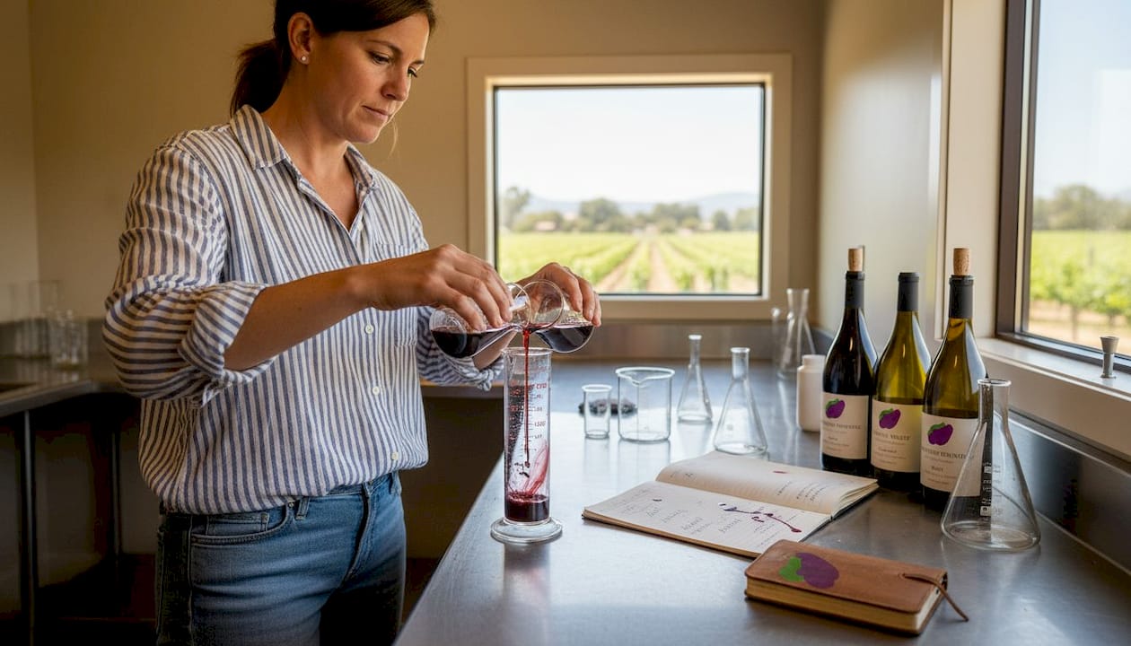 Winemaker blending wines in lab workspace