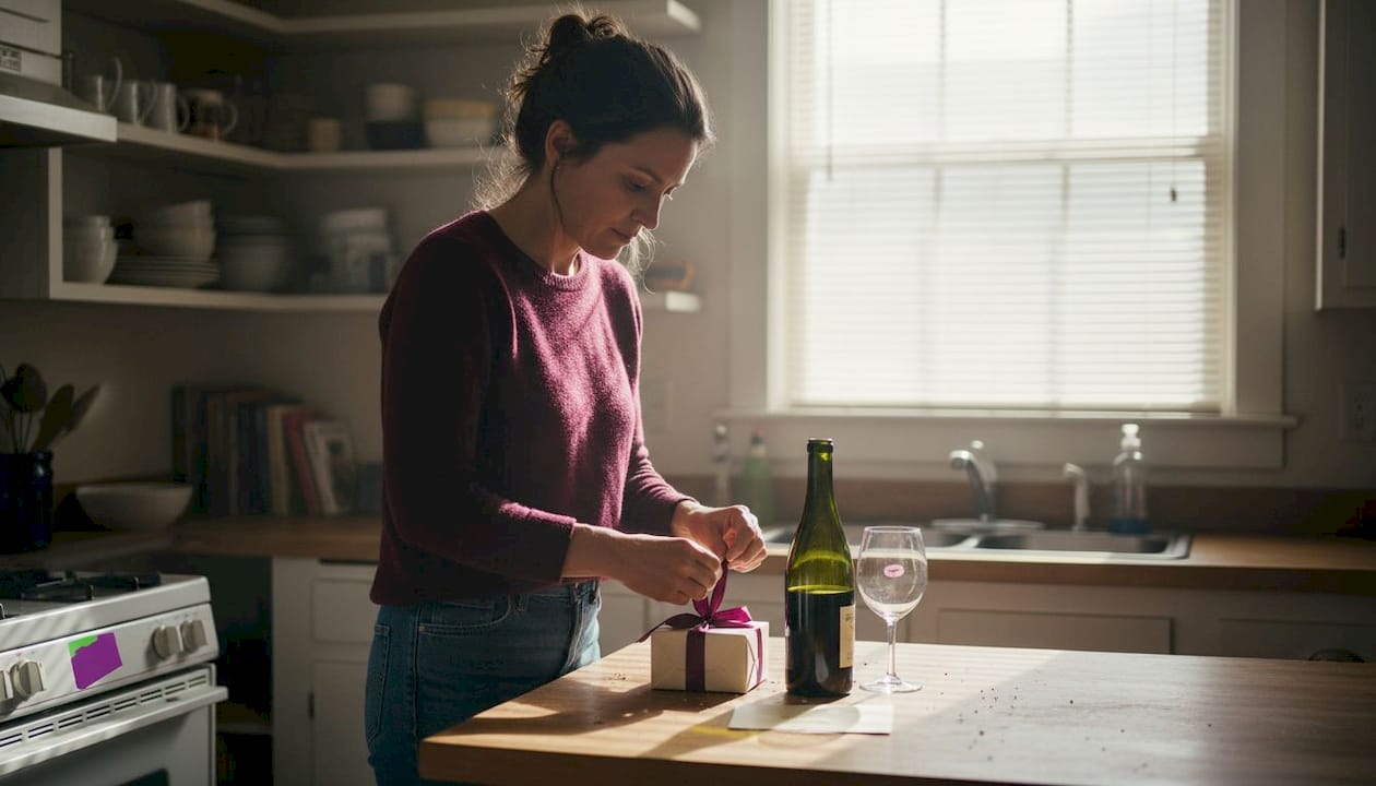 Woman wrapping a wine gift in her kitchen