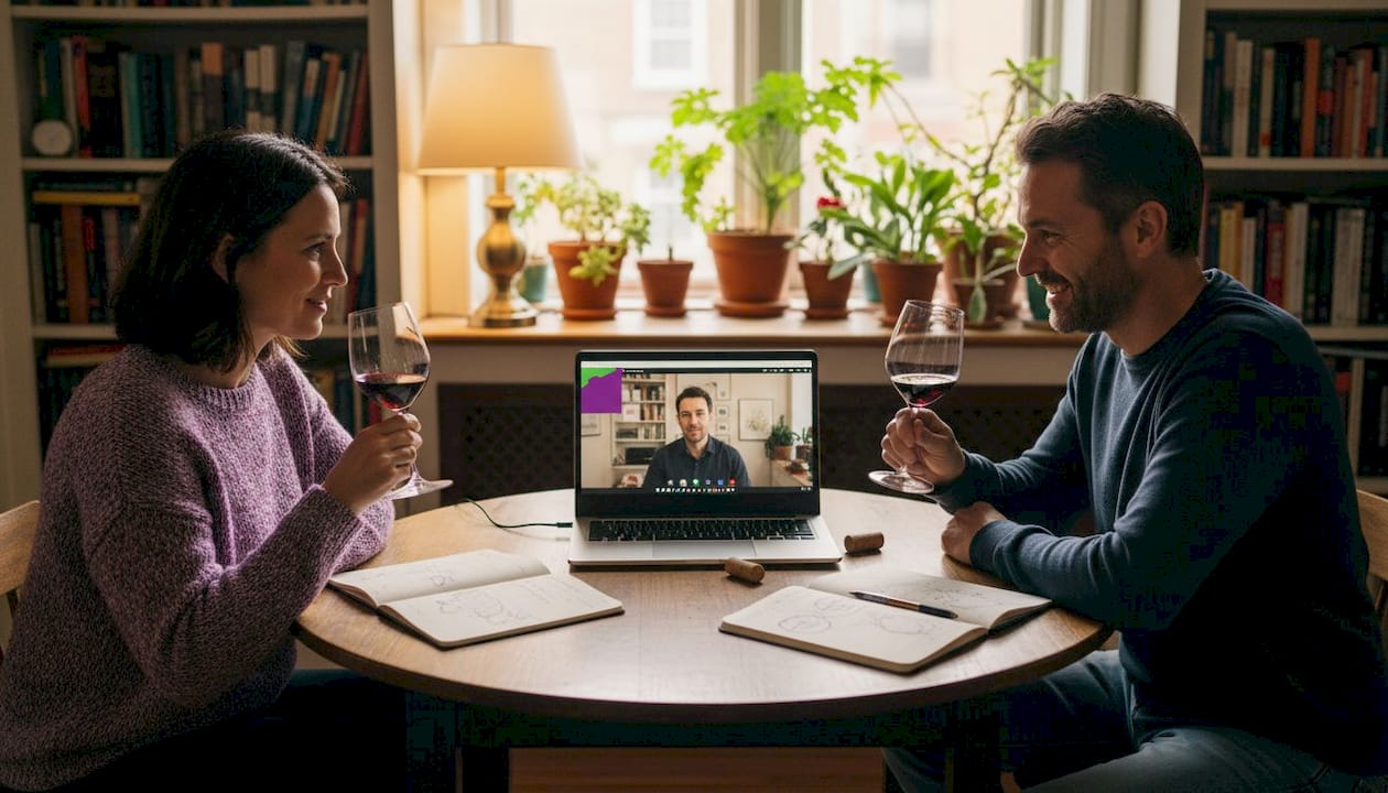 Couple enjoying a virtual wine class at home