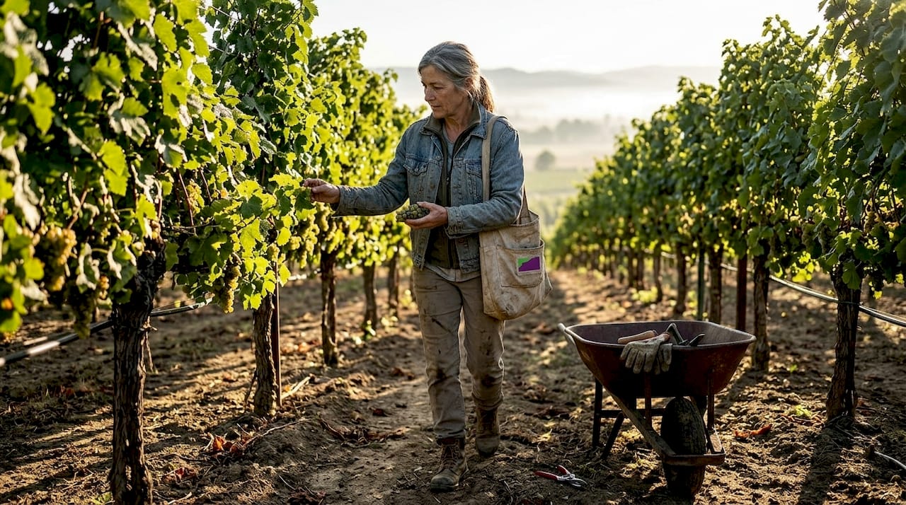 Vineyard worker checking grape clusters