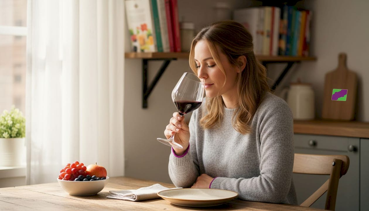Woman nosing wine in kitchen setting