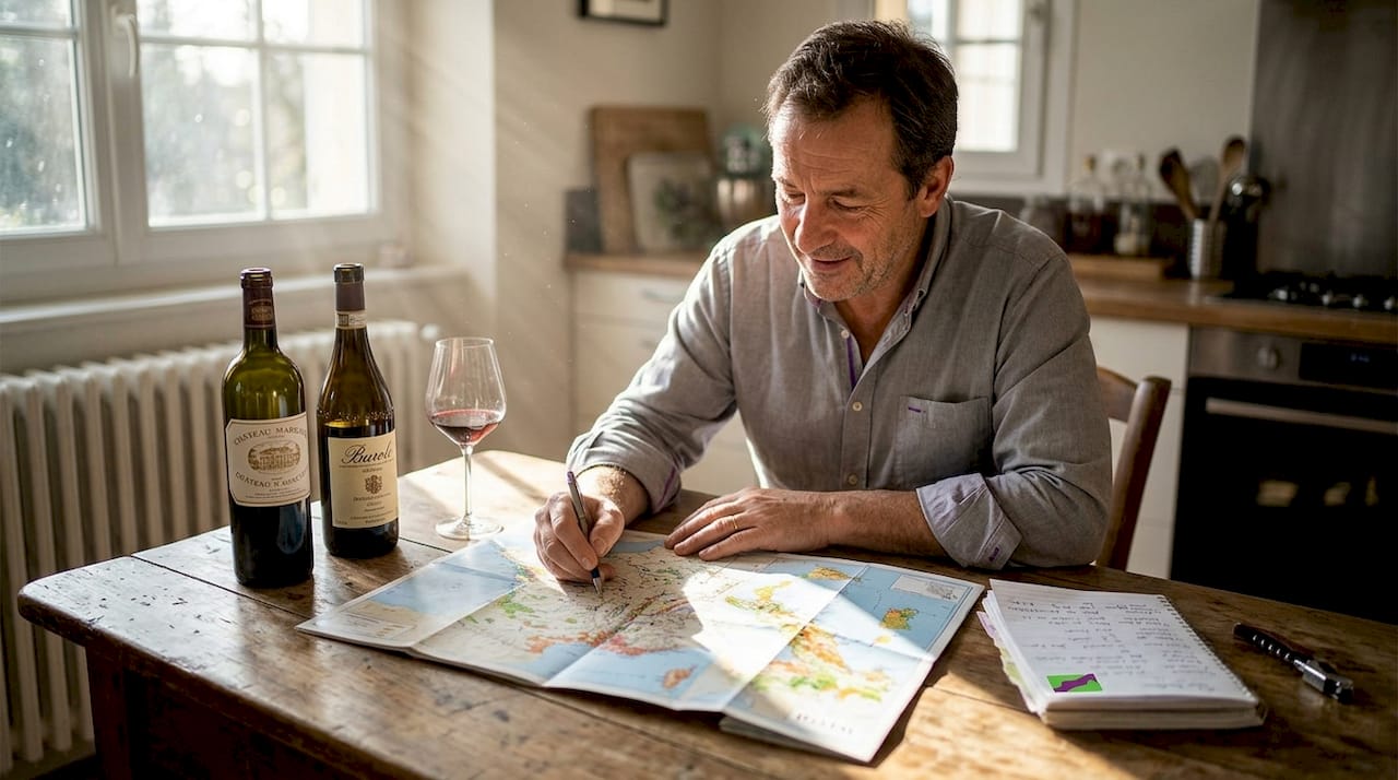 Sommelier marking wine regions on kitchen table