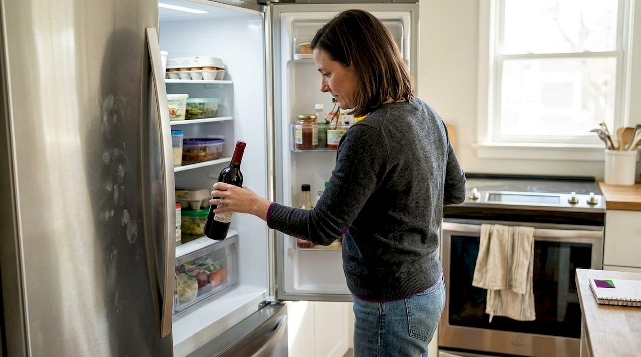Chilling red wine in home refrigerator