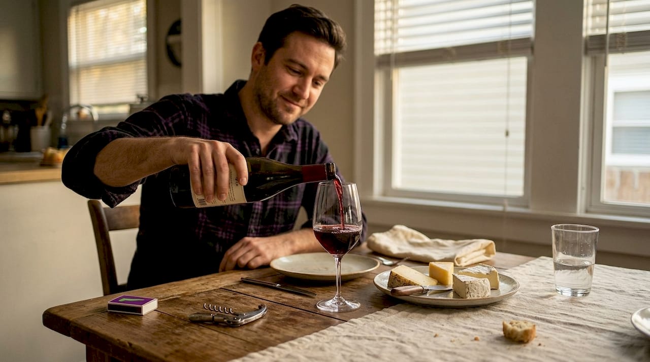 Pouring wine at cozy home dinner table