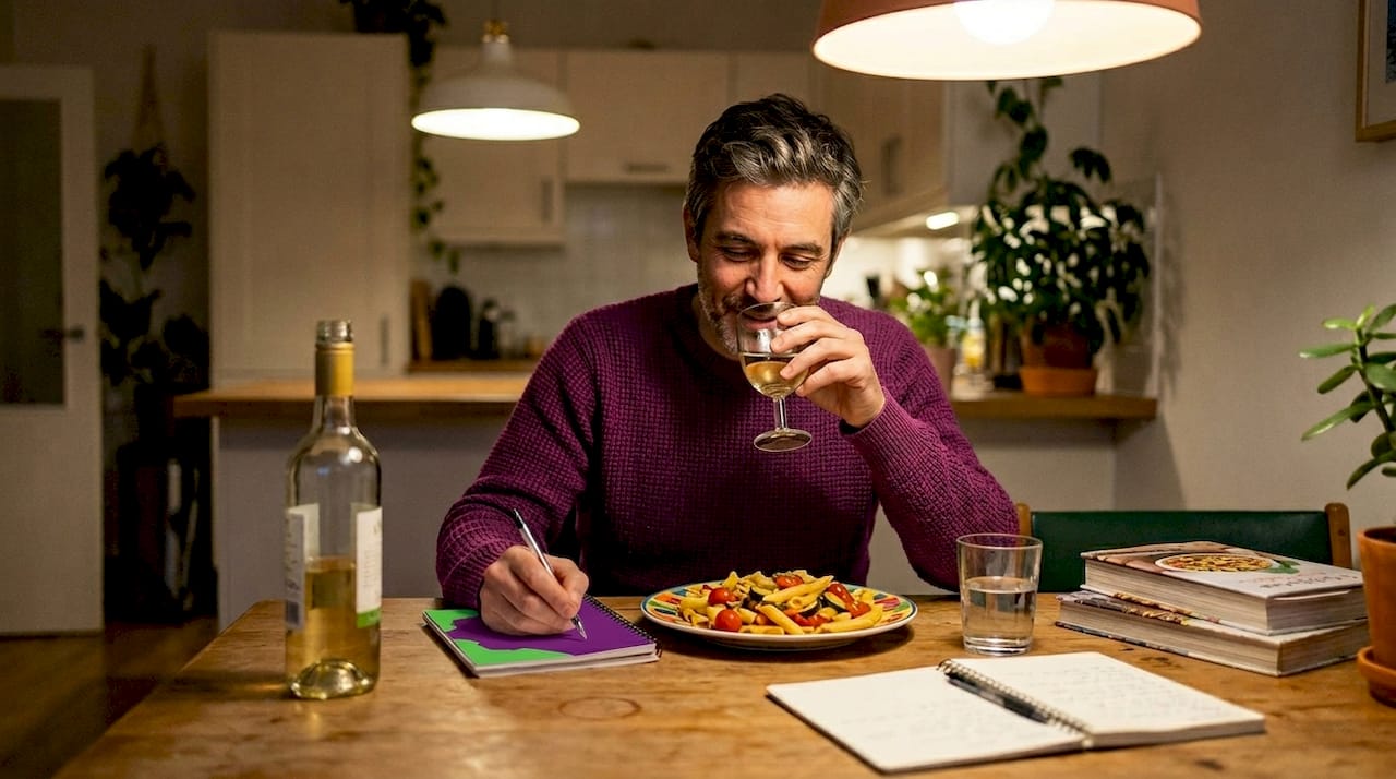 Man taste testing wine with pasta dish