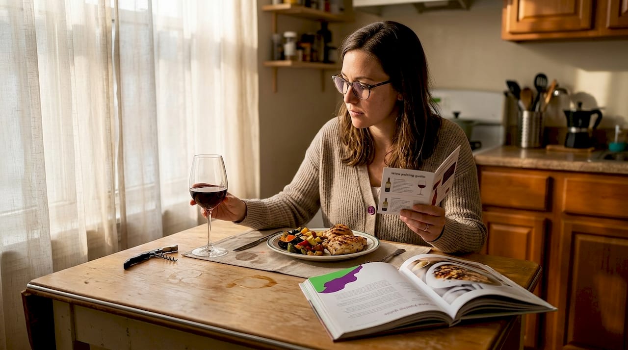 Woman reading wine chart at kitchen table