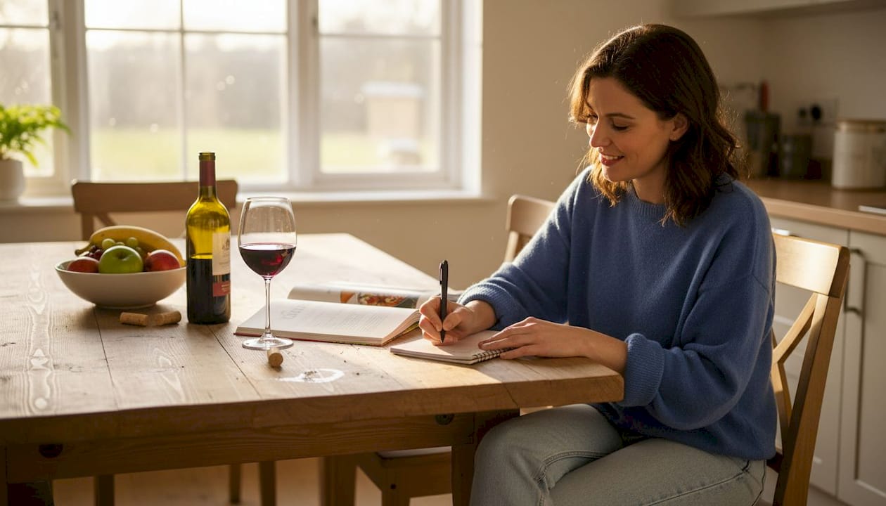 Woman tasting wine in sunlit kitchen