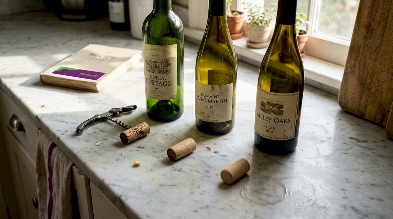 Types of wine corks on marble surface