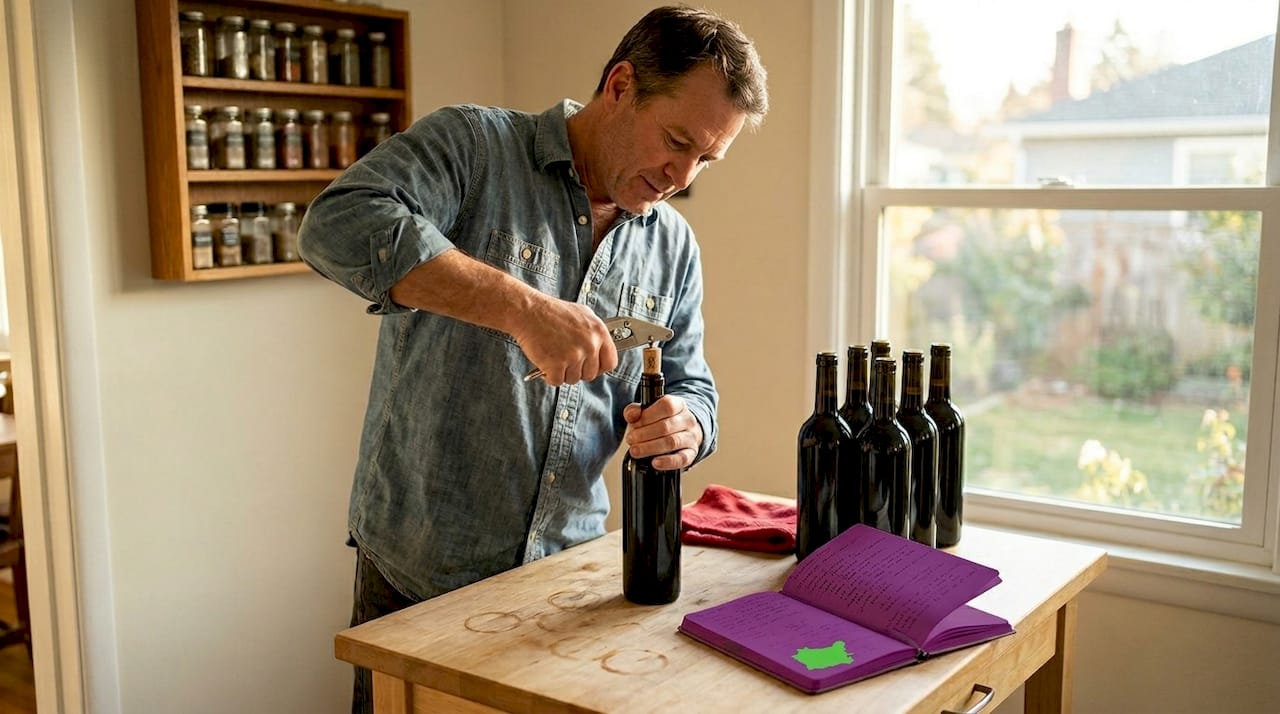 Winemaker corking bottles in home kitchen