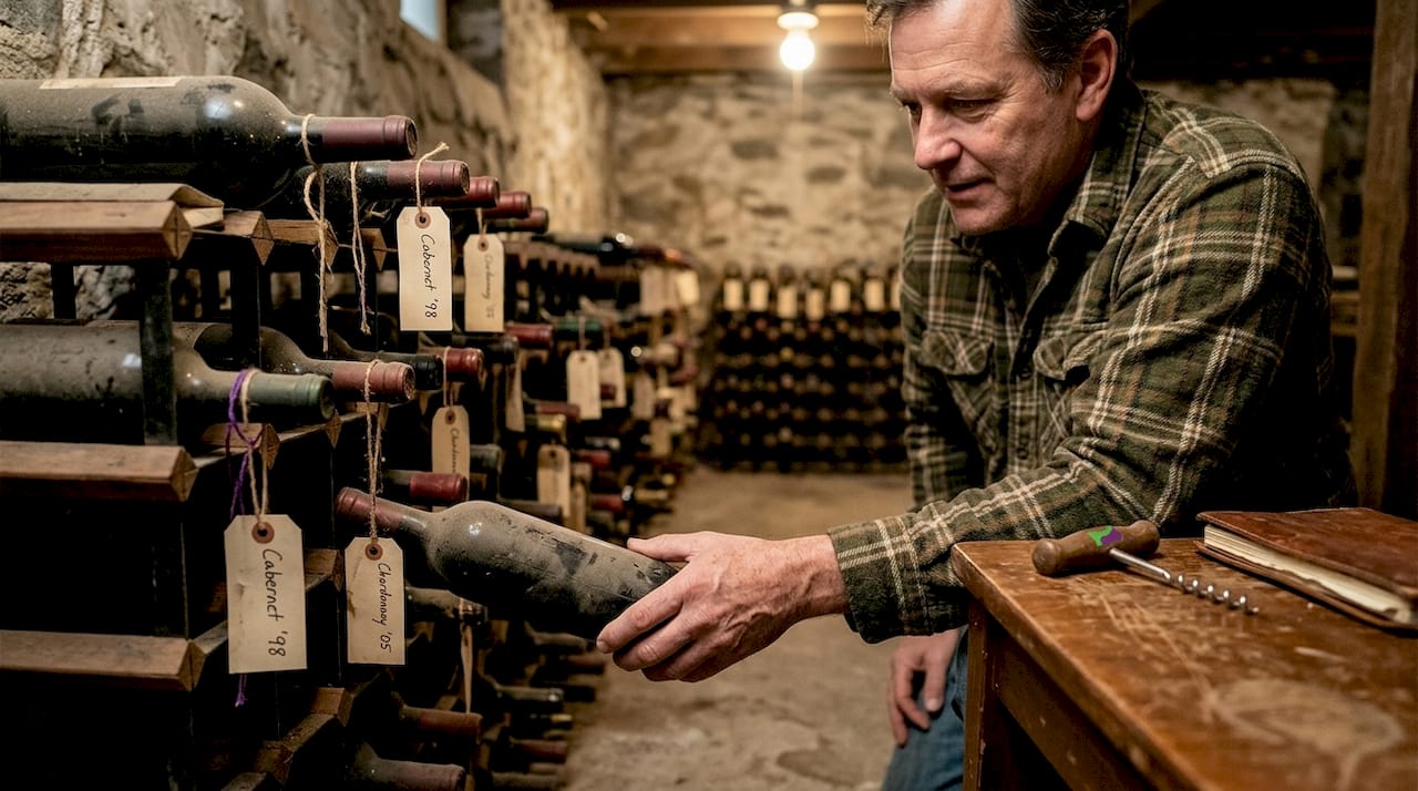 Man checking bottles in home wine cellar