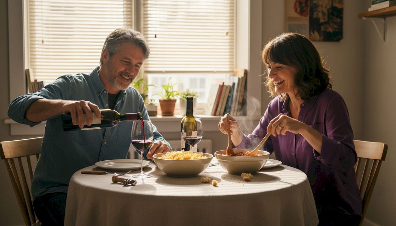 Couple pouring wine at cozy dinner table