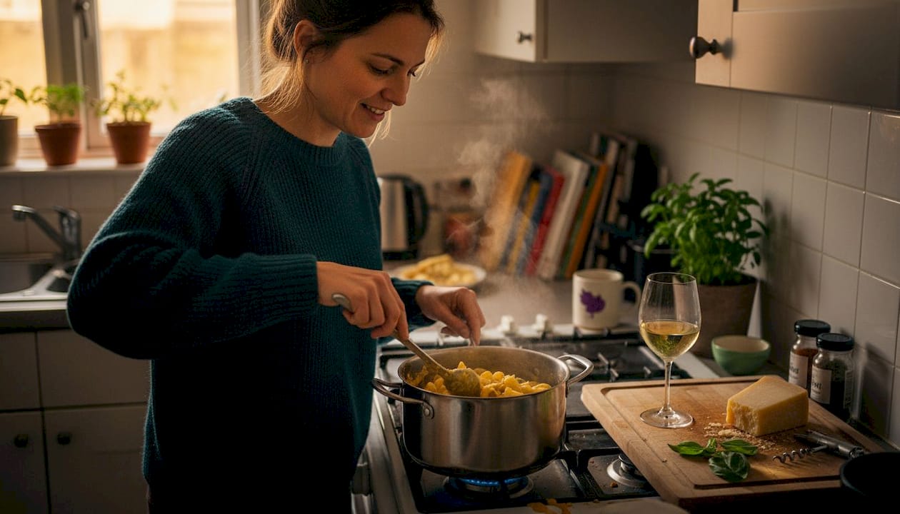 Cook stirs pasta with Chardonnay on counter