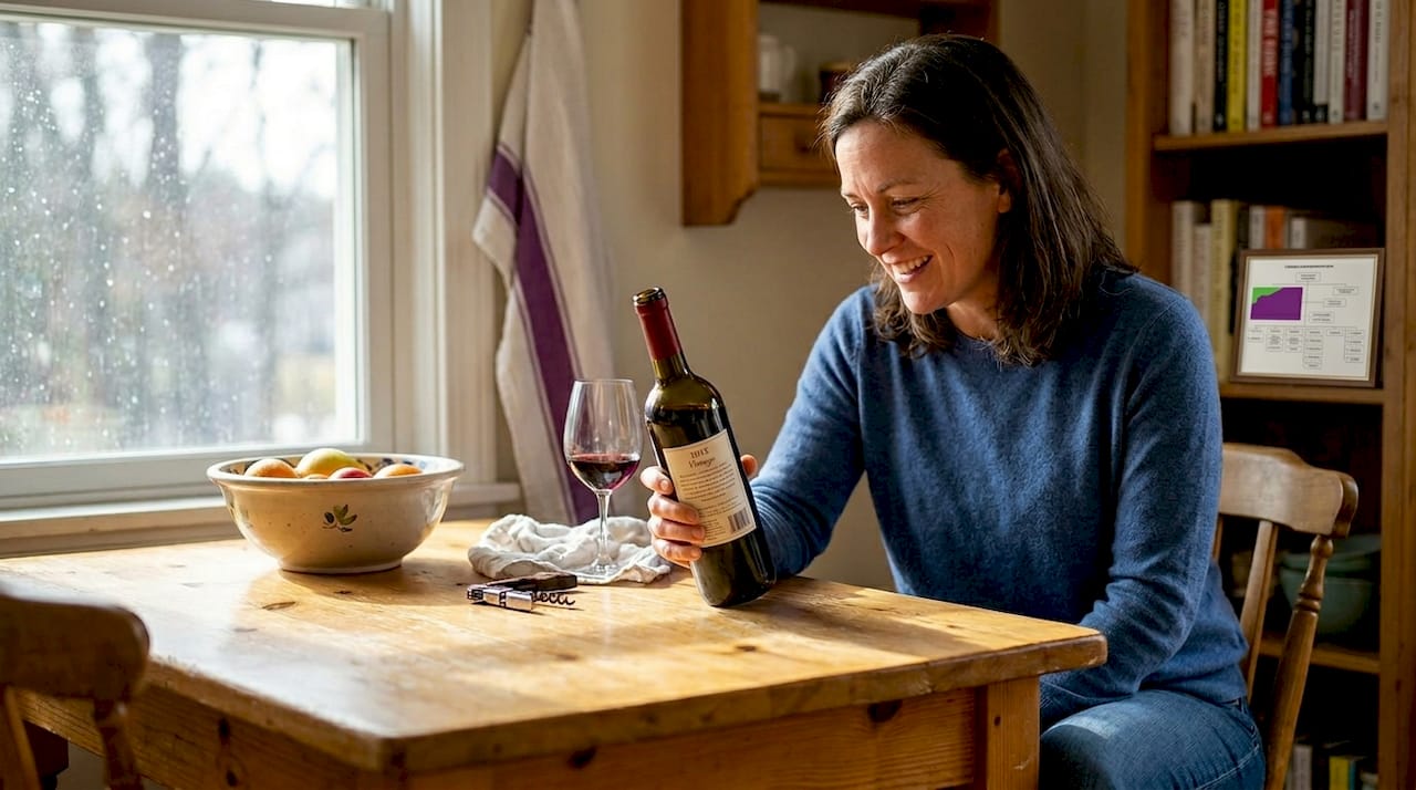 Woman examining wine bottle vintage label
