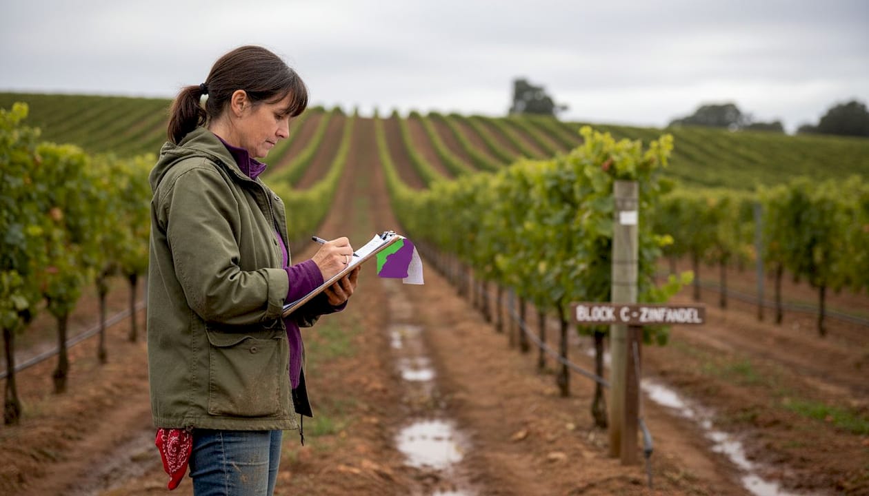 Vineyard manager writing notes among grapevines