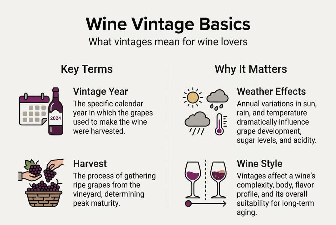 Infographic explaining wine vintage basics and key terms