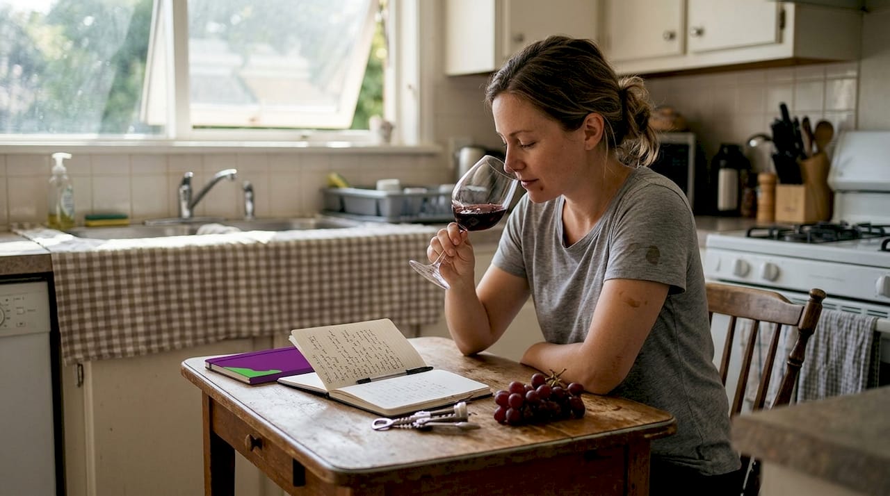 Woman sniffing wine glass at kitchen table