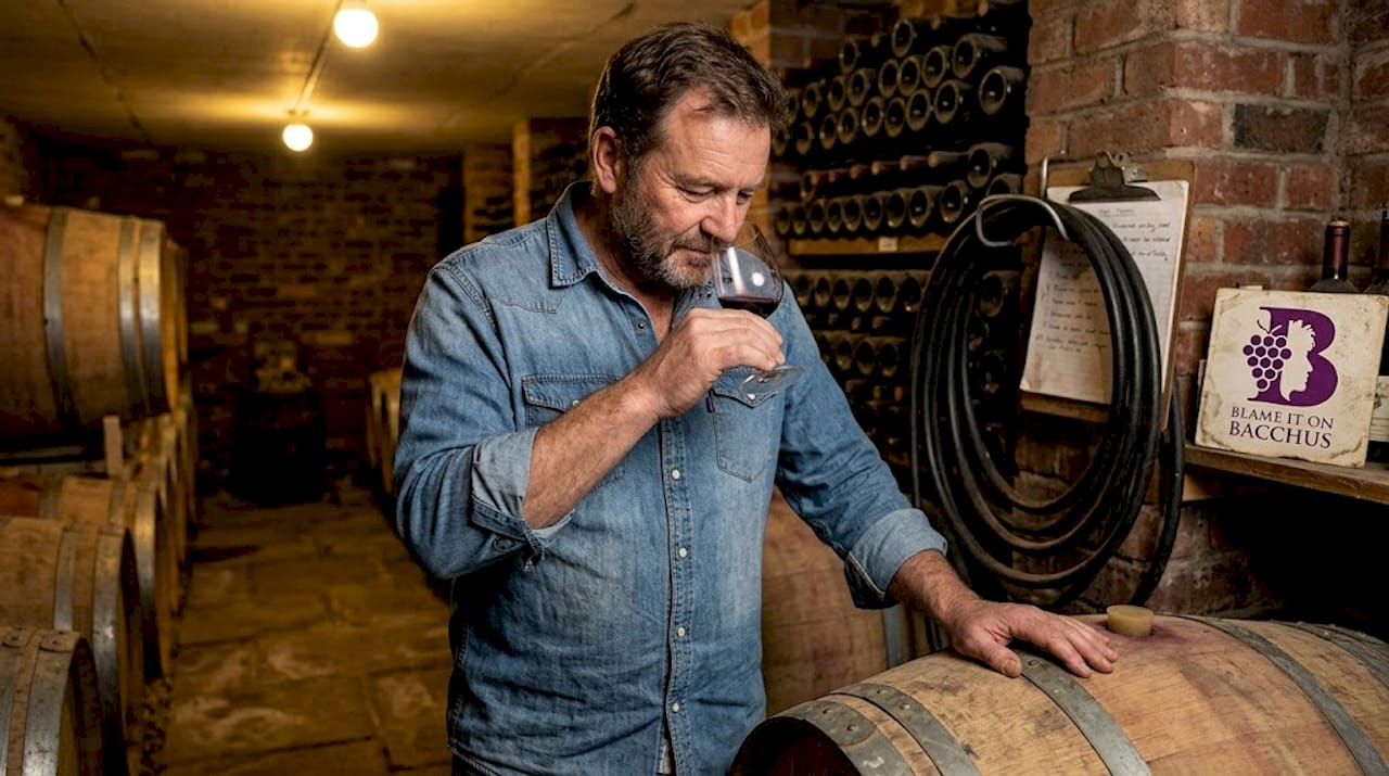 Man smelling wine in rustic cellar