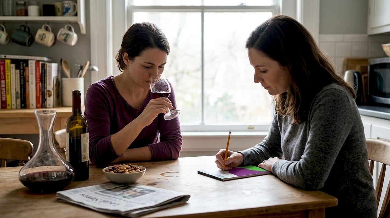 Two women tasting wine at kitchen table
