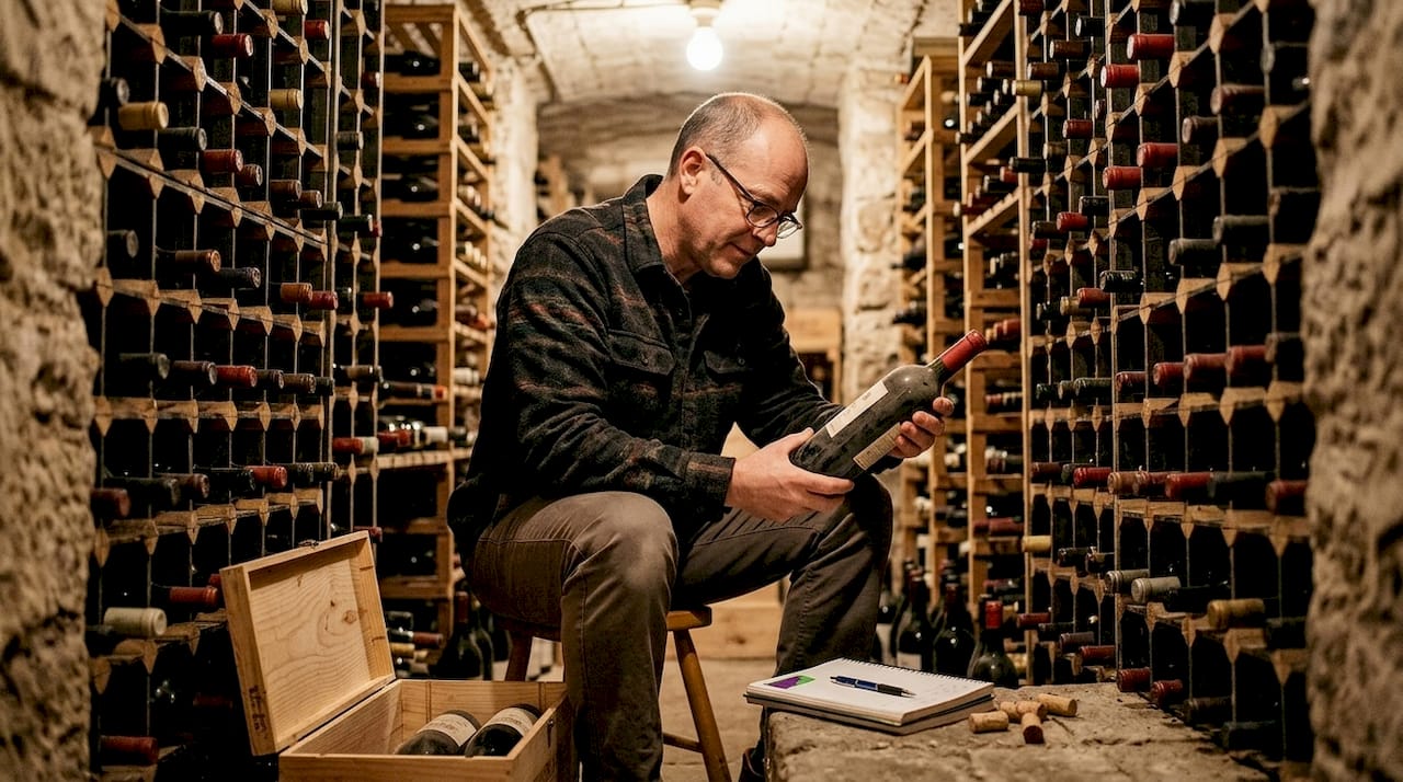 Man checks bottle in home wine cellar