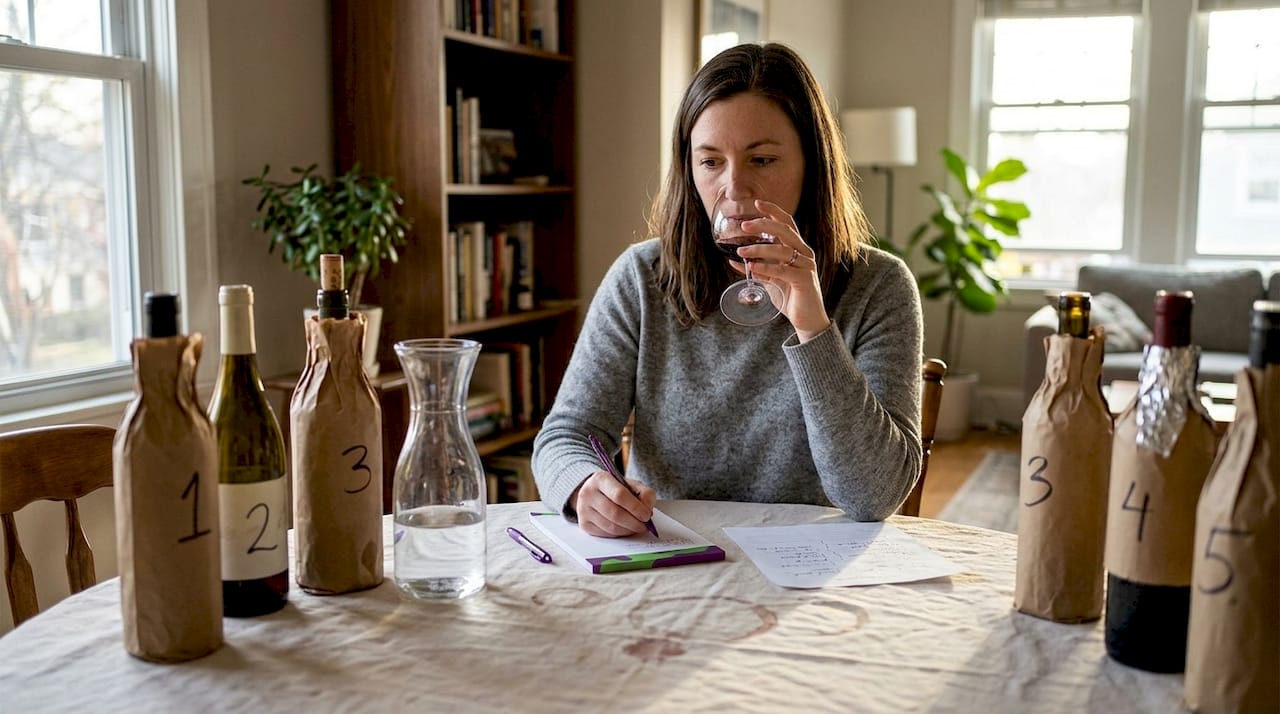 Woman blind tasting wine at home table