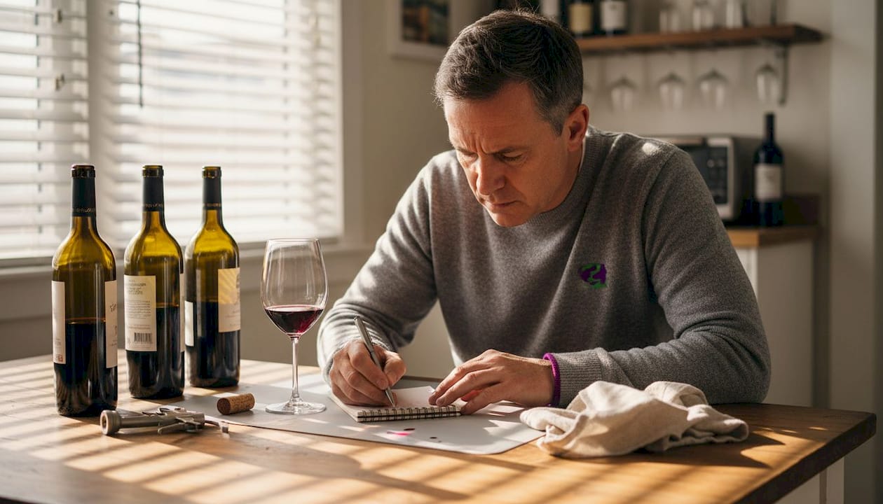 Wine critic scoring bottles at a kitchen table