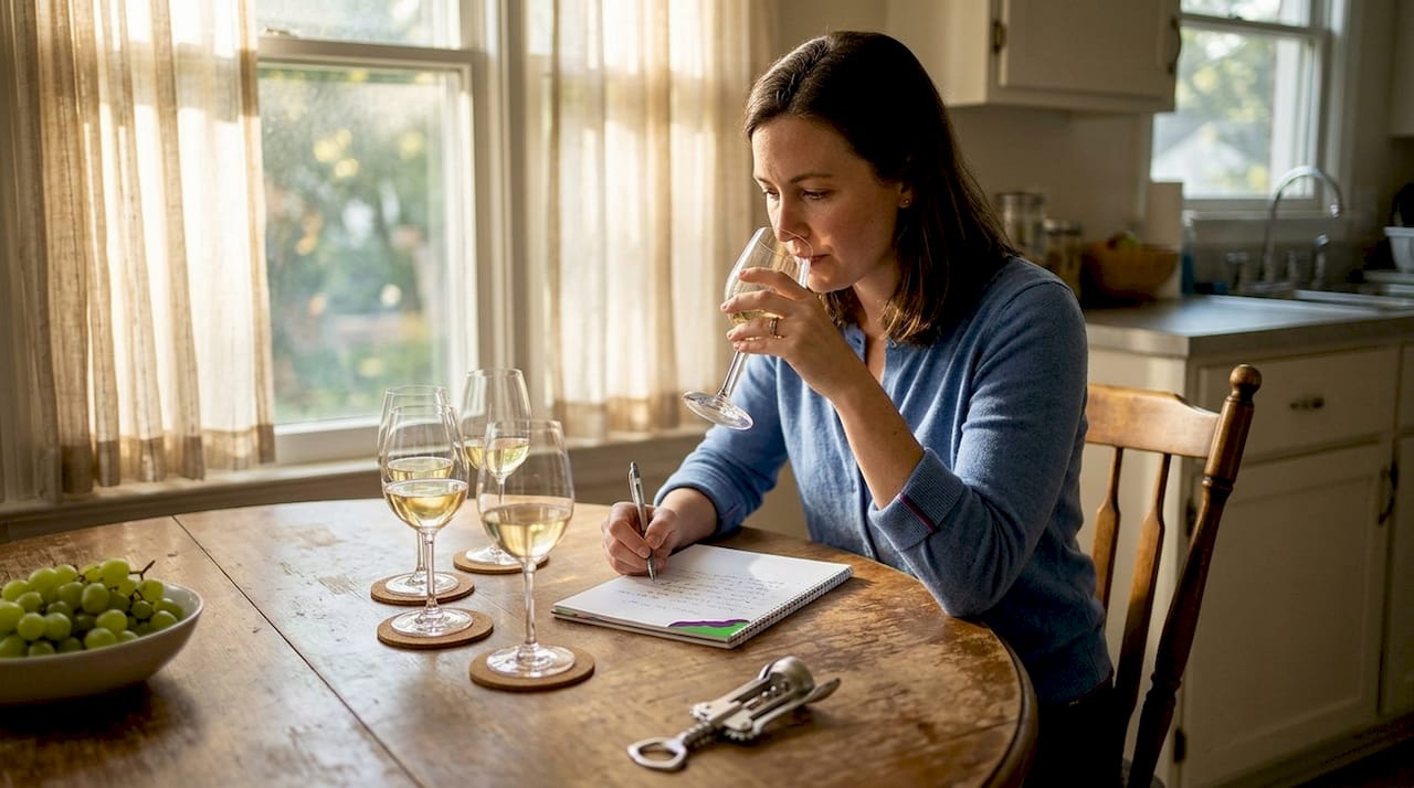 Woman tasting white wine varieties at table