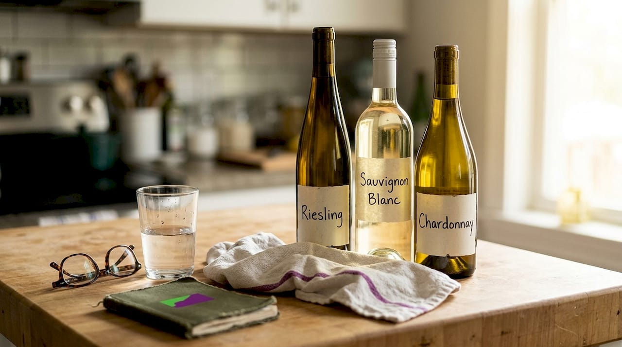 Three main white wine bottles on kitchen counter
