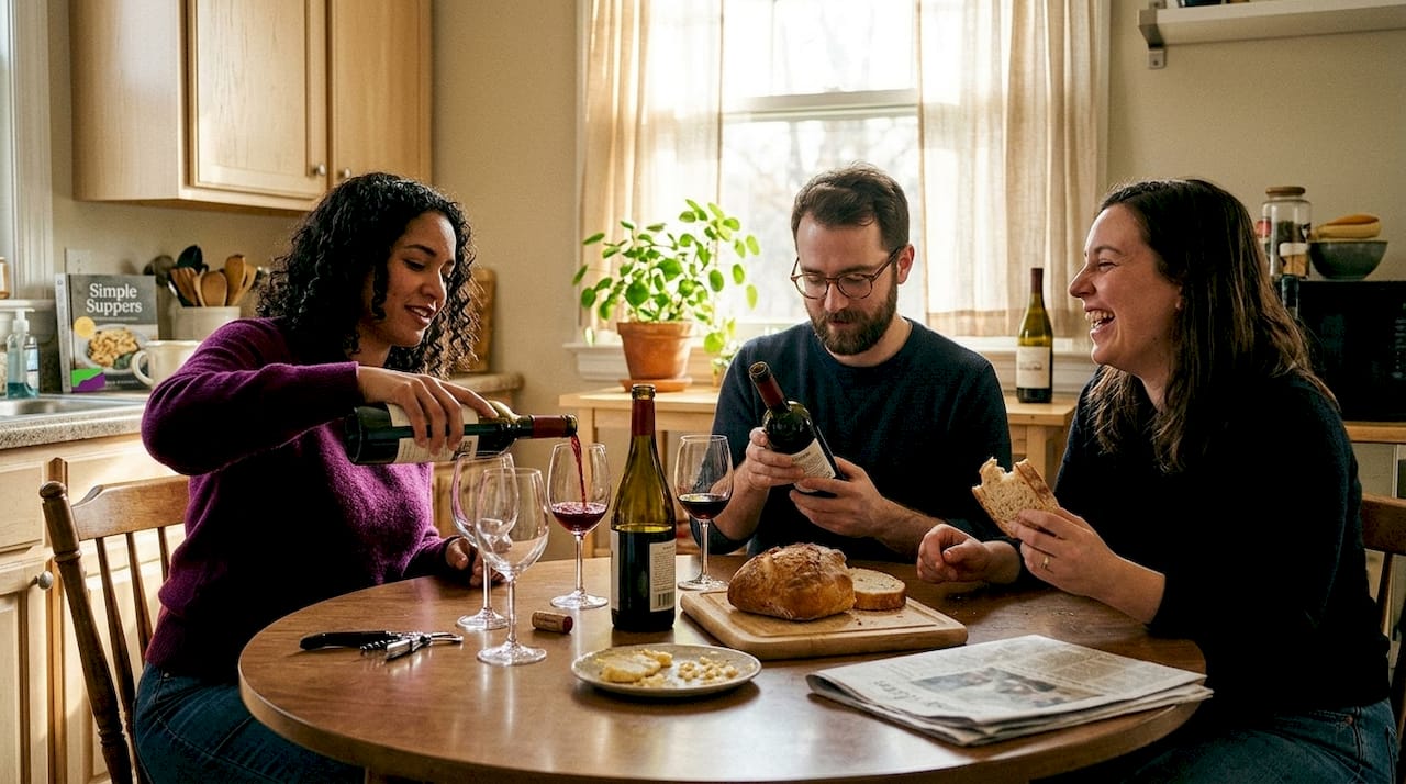Friends sharing wine at casual kitchen table