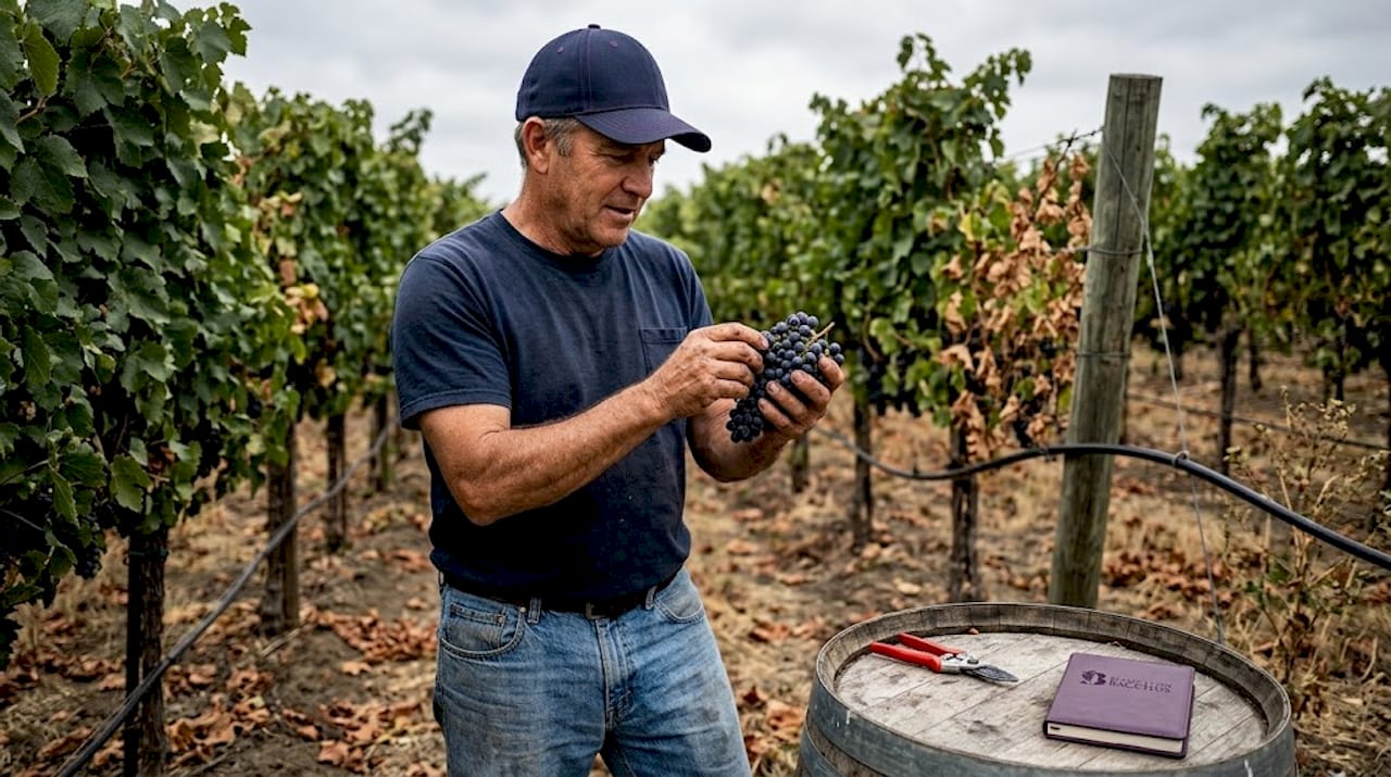 Worker inspecting Pinot Noir vines in vineyard