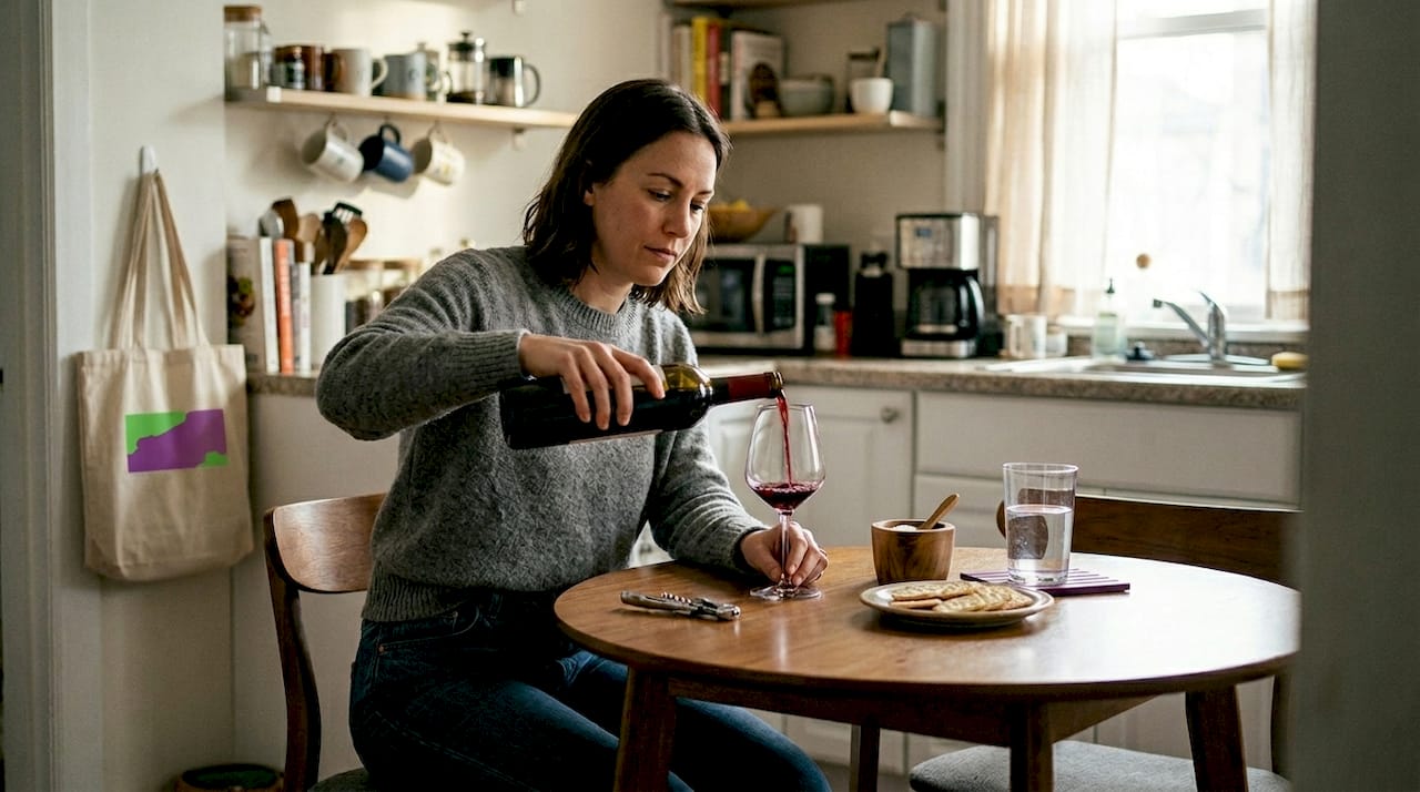 Beginner pouring wine at home kitchen table