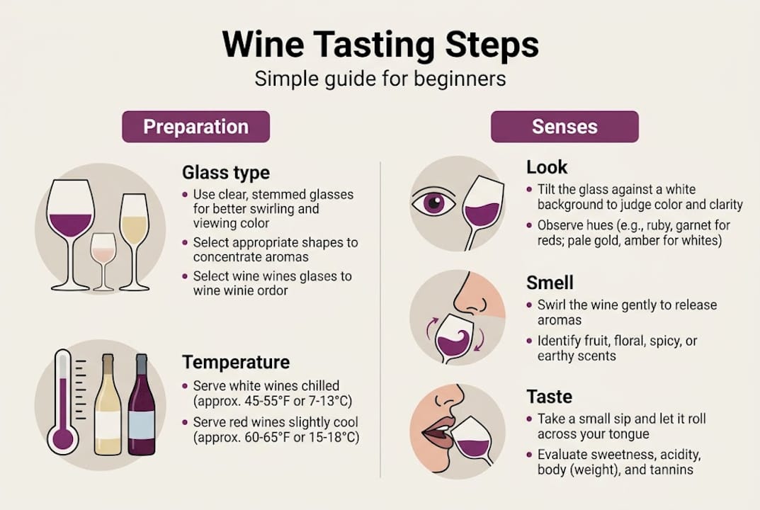Infographic showing wine tasting steps and setup