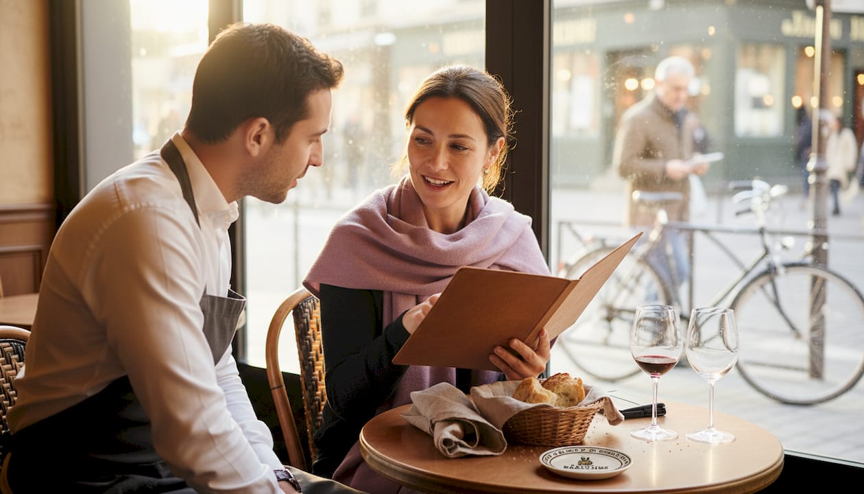 Woman reviewing wine list at café table
