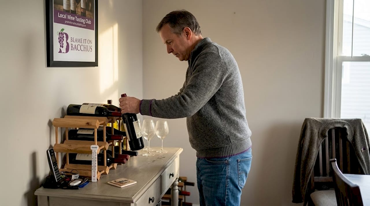 Man placing wine bottle in home rack