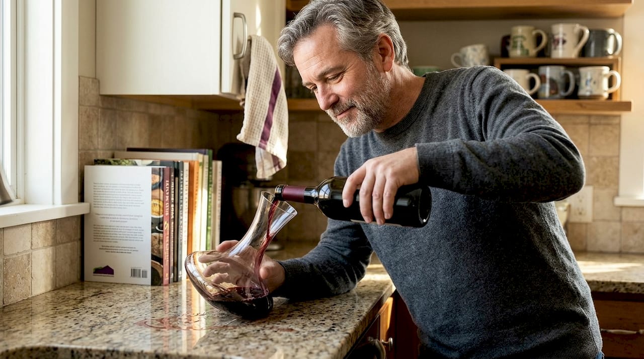 Person pouring wine into decanter in kitchen