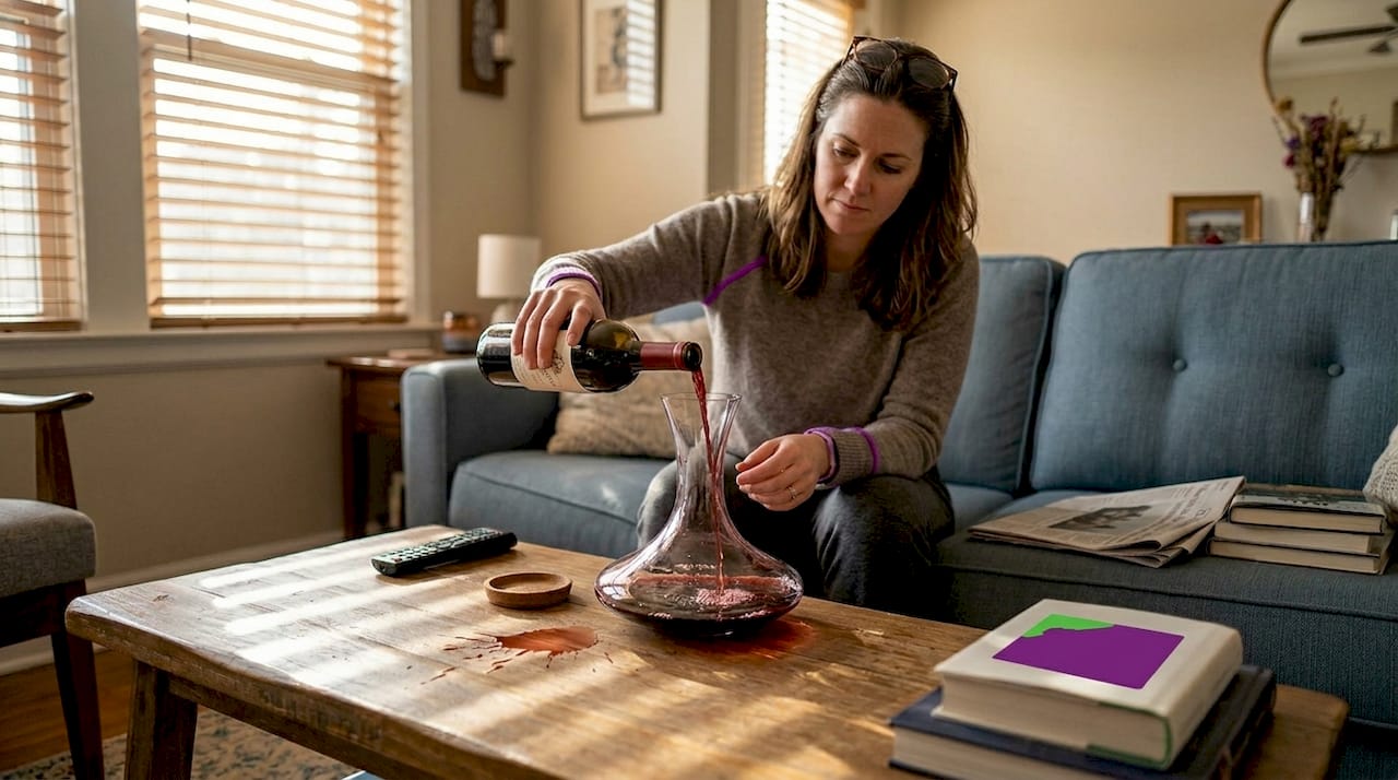 Decanting wine in relaxed living room setting
