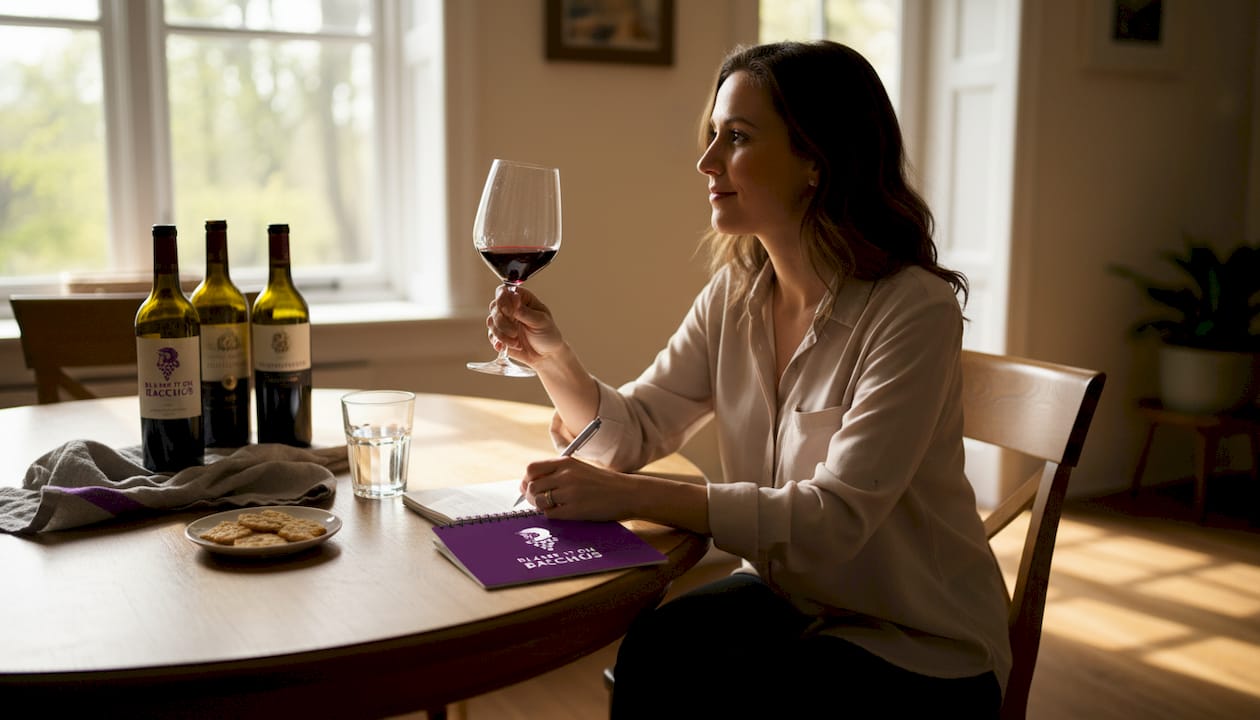 Woman tasting wine and writing notes at home