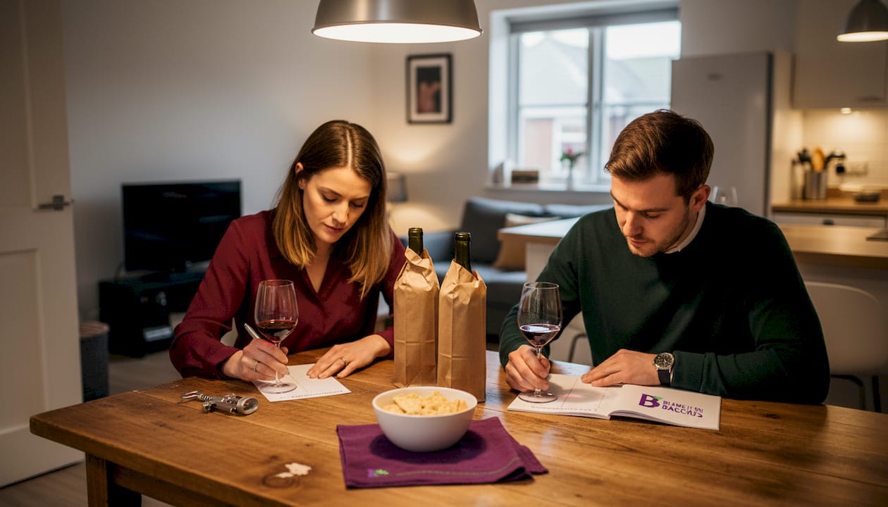 Couple tasting wine blind at kitchen table