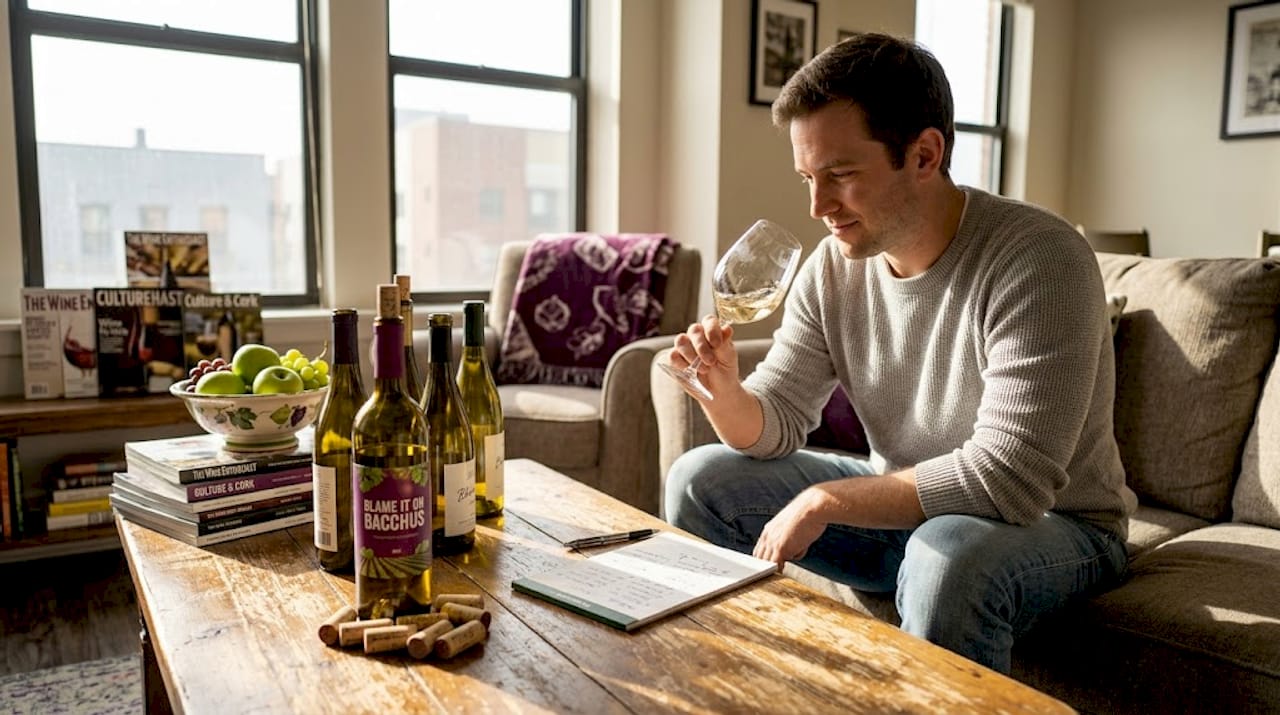 Man tasting wine in bright living room