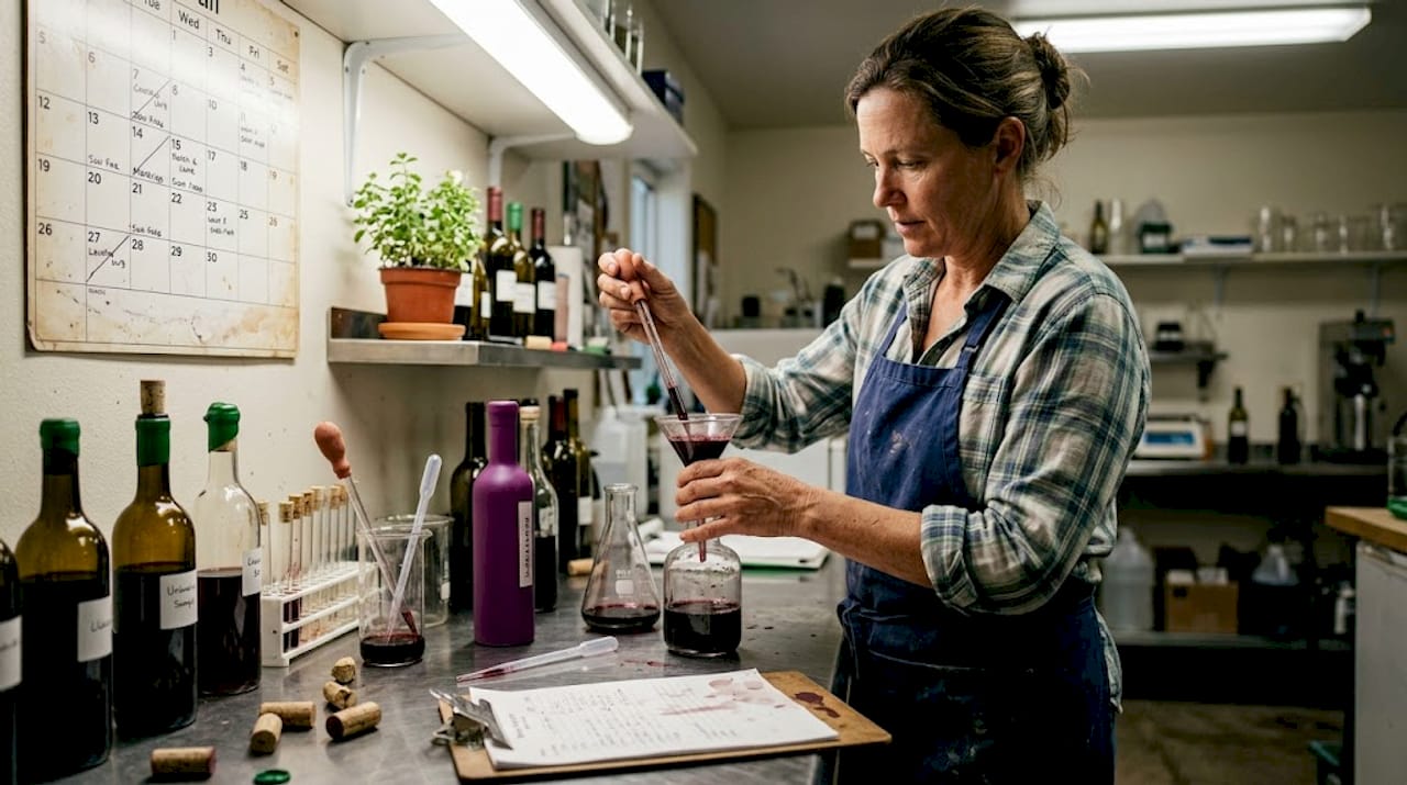 Winemaker using tools in lab workspace