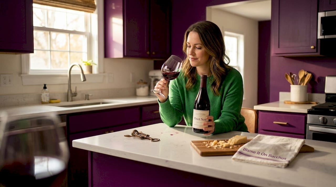 Woman tasting wine in home kitchen