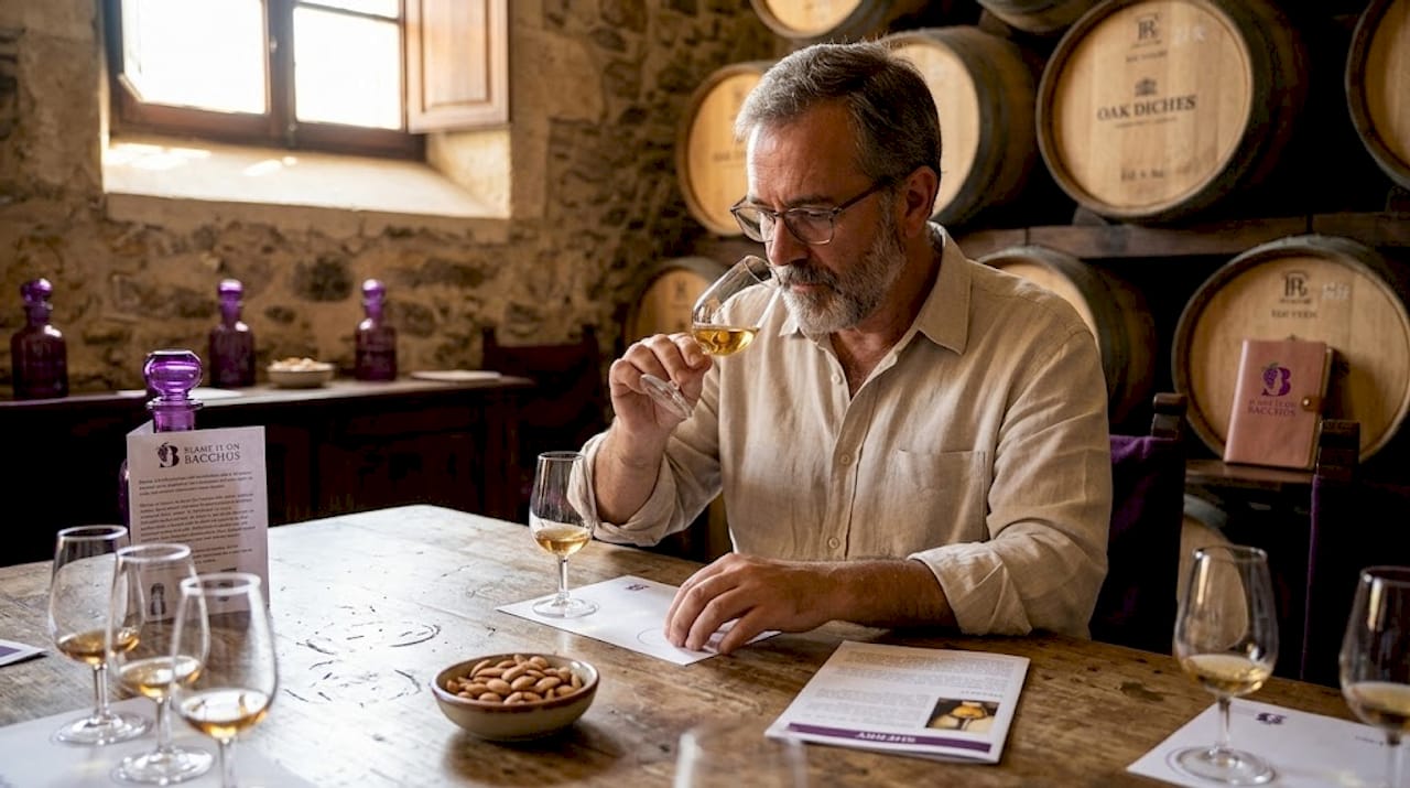 Man tasting Sherry in winery room