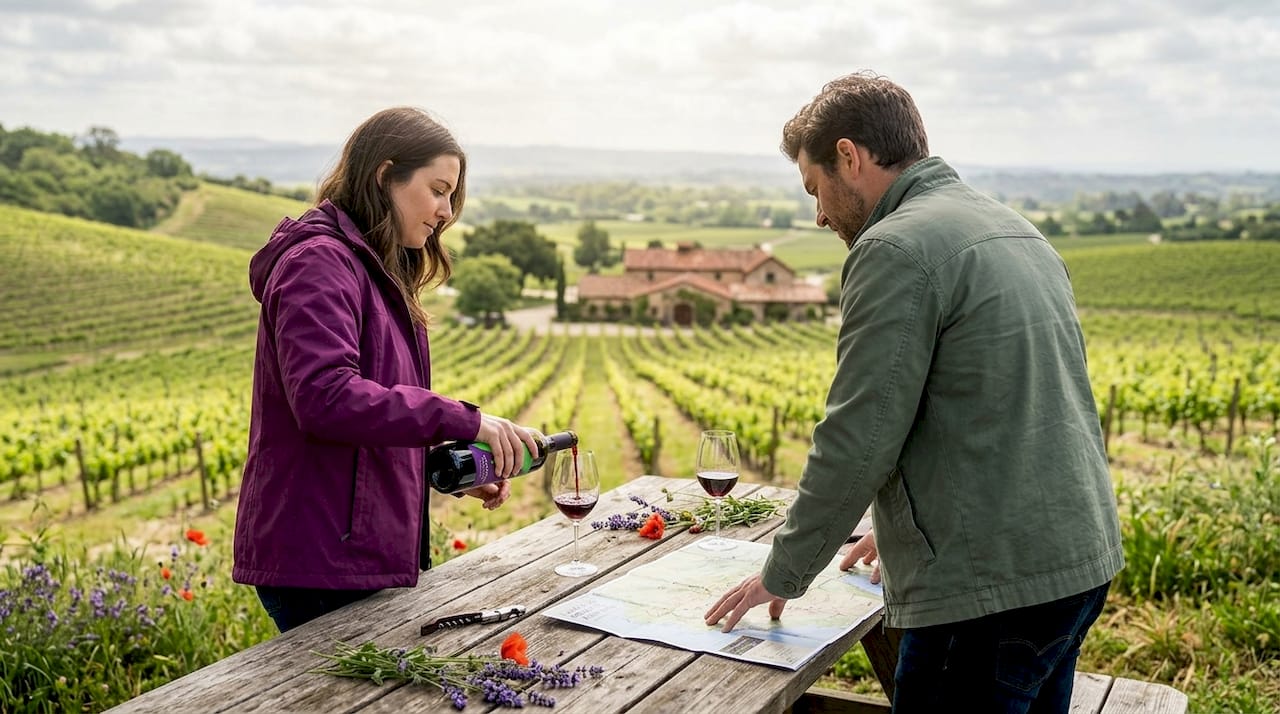 Travelers tasting wine at vineyard viewpoint
