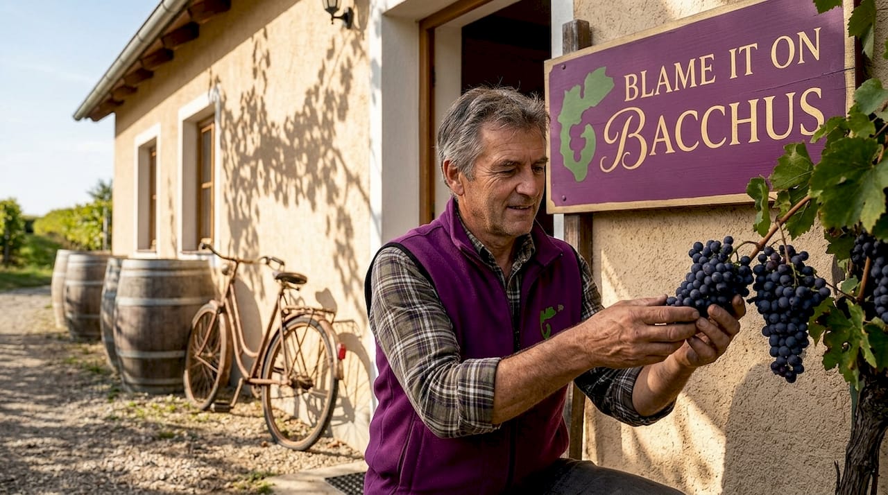 Winemaker inspects grapes at Burgenland winery